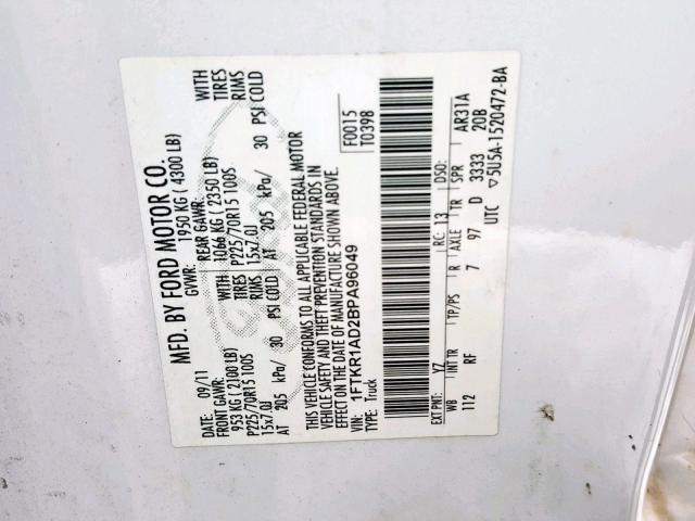 1FTKR1AD2BPA96049 - 2011 FORD RANGER WHITE photo 10