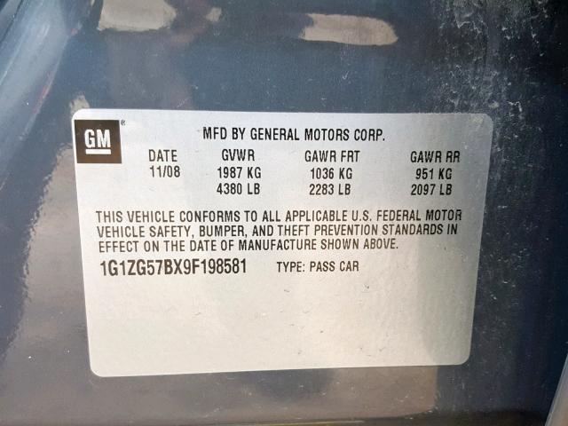 1G1ZG57BX9F198581 - 2009 CHEVROLET MALIBU LS GRAY photo 10