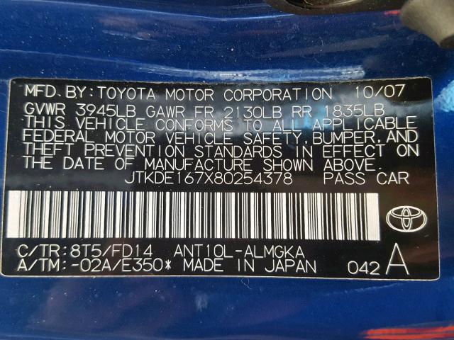 JTKDE167X80254378 - 2008 TOYOTA SCION TC ლურჯი ფოტო 10