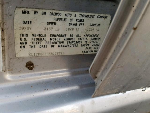 KL1TD56638B128718 - 2008 CHEVROLET AVEO BASE ვერცხლისფერი ფოტო 10