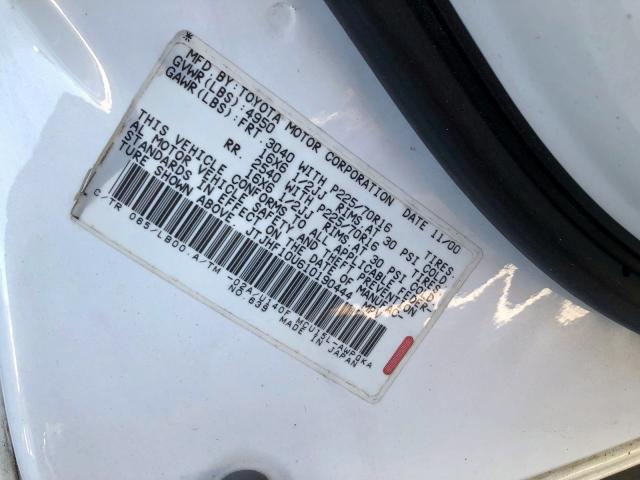 JTJHF10U610190444 - 2001 LEXUS RX 300 WHITE photo 10