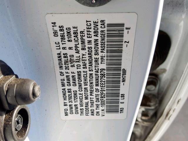 19XFB2F91EE275879 - 2014 HONDA CIVIC EXL WHITE photo 10