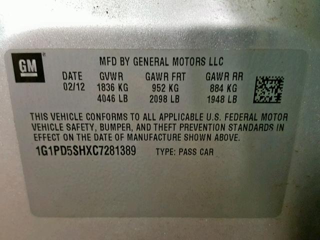 1G1PD5SHXC7281389 - 2012 CHEVROLET CRUZE LS SILVER photo 10