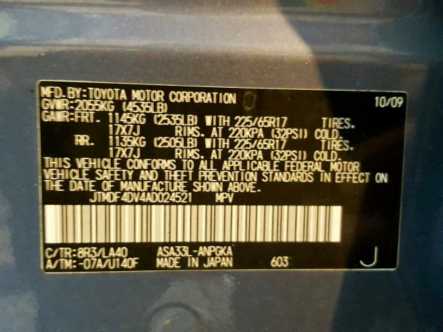 JTMDF4DV4AD024521 - 2010 TOYOTA RAV4 LIMIT BLUE photo 10