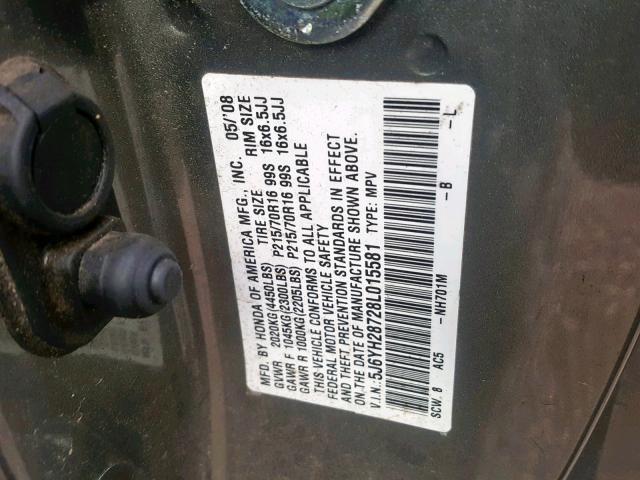 5J6YH28728L015581 - 2008 HONDA ELEMENT EX GRAY photo 10