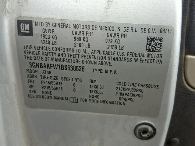 3GNBAAFW1BS638526 - 2011 CHEVROLET HHR LS Plata foto 10