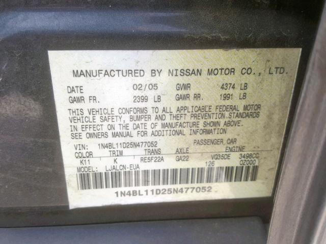 1N4BL11D25N477052 - 2005 NISSAN ALTIMA SE GRAY photo 10