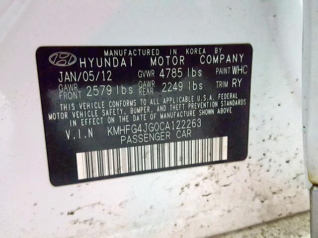 KMHFG4JG0CA122263 - 2012 HYUNDAI AZERA GLS WHITE photo 10