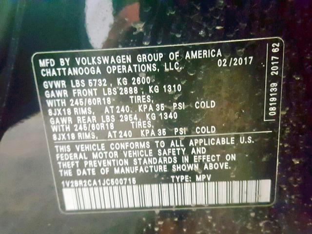 1V2BR2CA1JC500715 - 2018 VOLKSWAGEN ATLAS BLUE photo 10