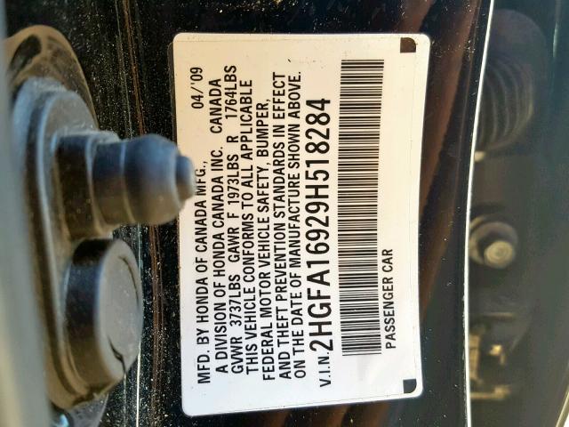 2HGFA16929H518284 - 2009 HONDA CIVIC EXL BLACK photo 10