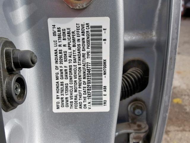 19XFB2F9XEE046777 - 2014 HONDA CIVIC EXL SILVER photo 10