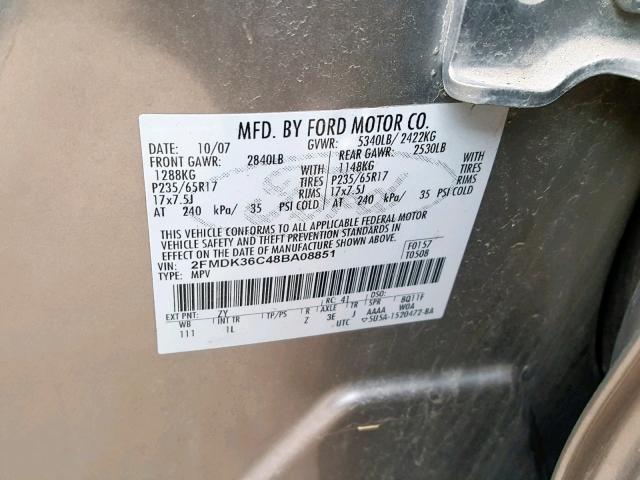 2FMDK36C48BA08851 - 2008 FORD EDGE SE TAN photo 10