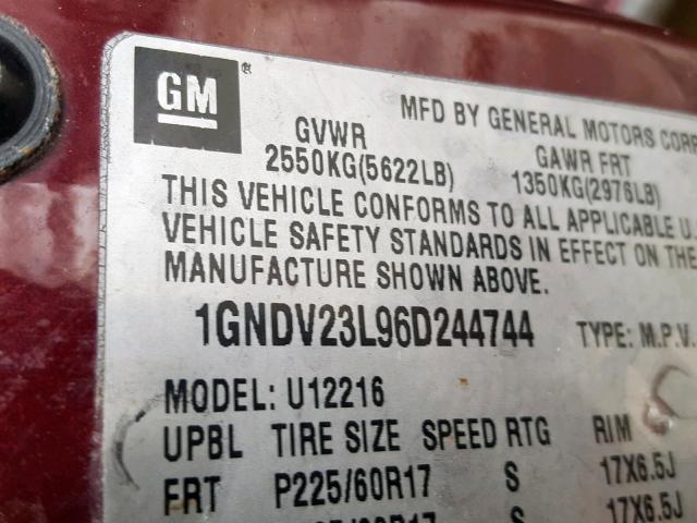 1GNDV23L96D244744 - 2006 CHEVROLET UPLANDER L Bordo foto 10
