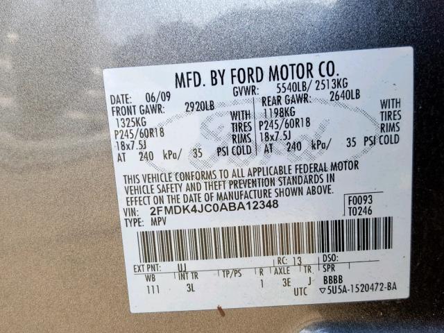 2FMDK4JC0ABA12348 - 2010 FORD EDGE SEL GRAY photo 10