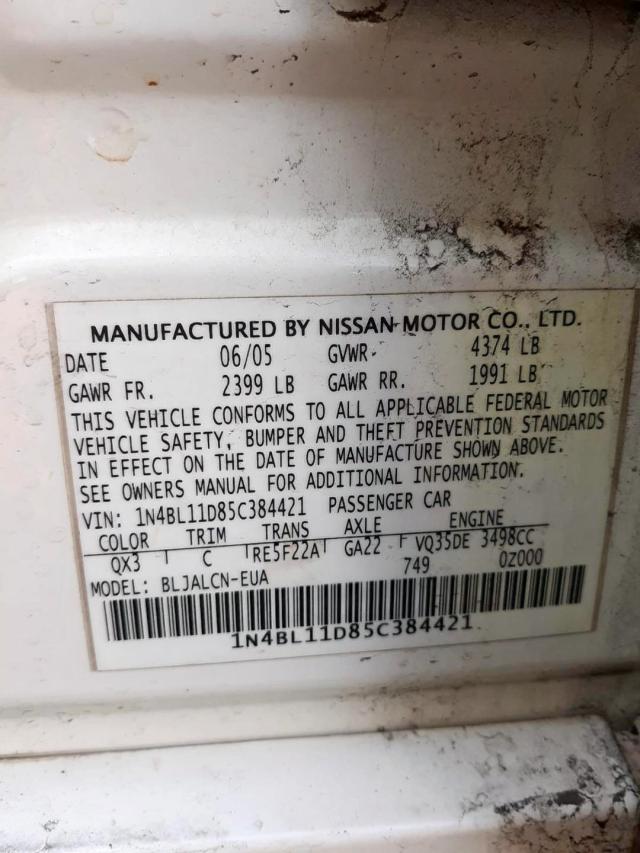 1N4BL11D85C384421 - 2005 NISSAN ALTIMA SE WHITE photo 10