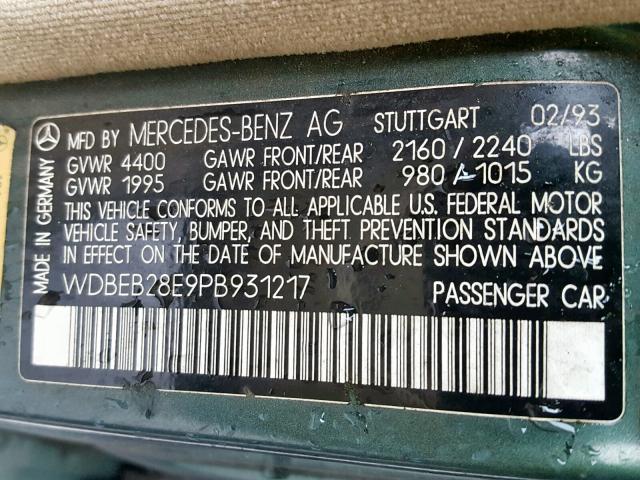 WDBEB28E9PB931217 - 1993 MERCEDES-BENZ 300 D GREEN photo 10