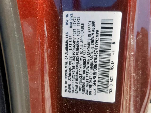 5FNRL5H30GB104574 - 2016 HONDA ODYSSEY SE BURGUNDY photo 10