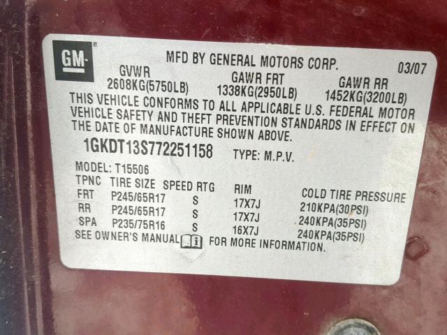 1GKDT13S772251158 - 2007 GMC ENVOY MAROON photo 10