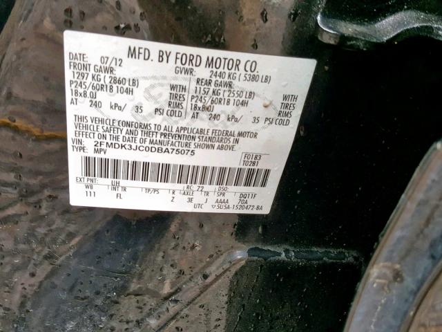 2FMDK3JC0DBA75075 - 2013 FORD EDGE SEL BLACK photo 10