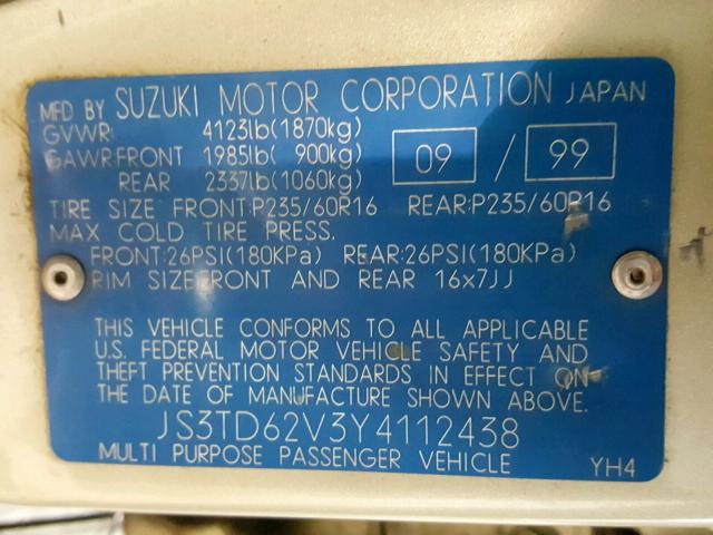 JS3TD62V3Y4112438 - 2000 SUZUKI GRAND VITA GOLD photo 10