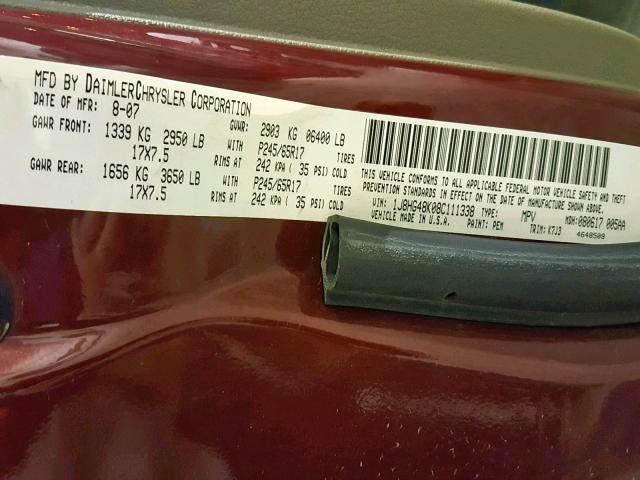 1J8HG48K08C111338 - 2008 JEEP COMMANDER BURGUNDY photo 10