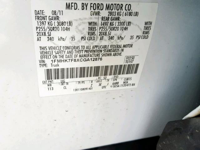 1FMHK7F8XCGA12876 - 2012 FORD EXPLORER L WHITE photo 10