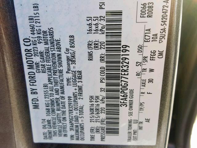 3FA6P0G77ER329199 - 2014 FORD FUSION S GRAY photo 10