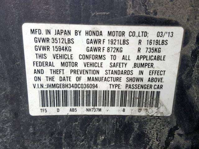 JHMGE8H34DC036094 - 2013 HONDA FIT CHARCOAL photo 10