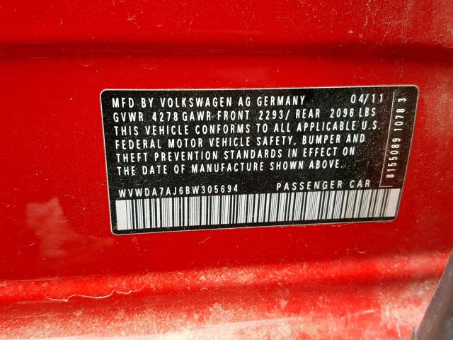 WVWDA7AJ6BW305694 - 2011 VOLKSWAGEN GOLF RED photo 10