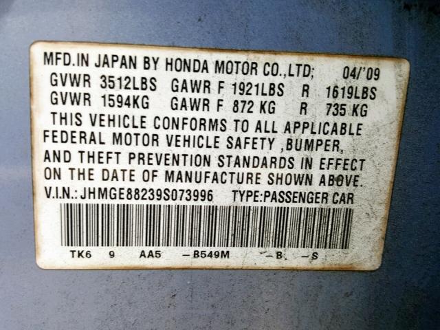 JHMGE88239S073996 - 2009 HONDA FIT BLUE photo 10