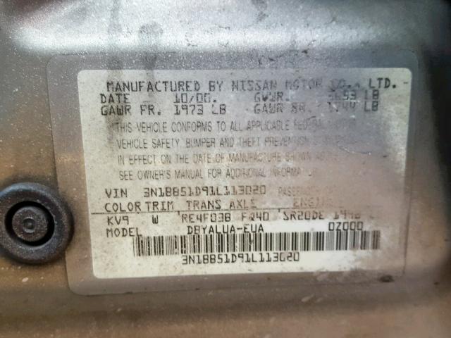 3N1BB51D91L113020 - 2001 NISSAN SENTRA SE SILVER photo 10