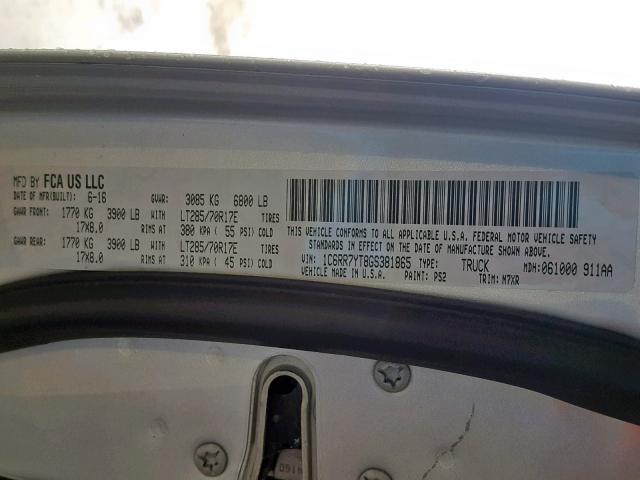 1C6RR7YT8GS381865 - 2016 RAM 1500 REBEL ვერცხლისფერი ფოტო 10