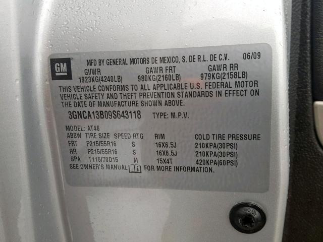 3GNCA13B09S643118 - 2009 CHEVROLET HHR LS Արծաթագույն լուսանկար 10