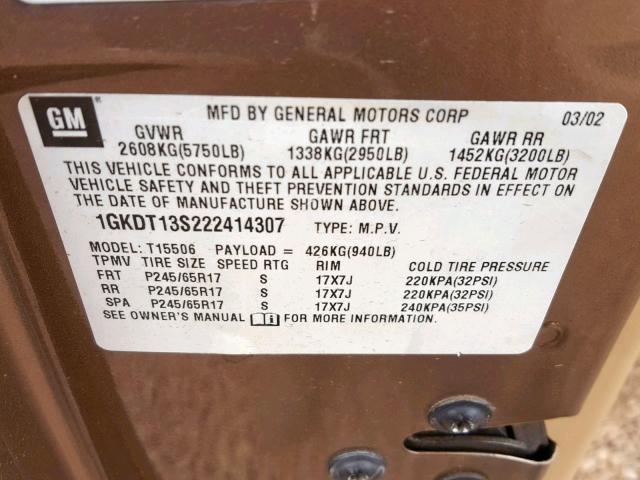 1GKDT13S222414307 - 2002 GMC ENVOY TAN photo 10