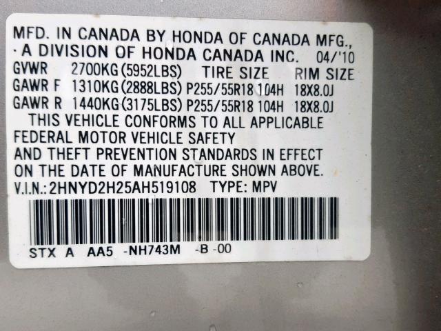 2HNYD2H25AH519108 - 2010 ACURA MDX SILVER photo 10