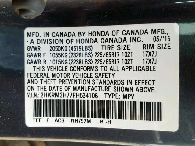 2HKRM3H77FH534106 - 2015 HONDA CR-V EXL GRAY photo 10