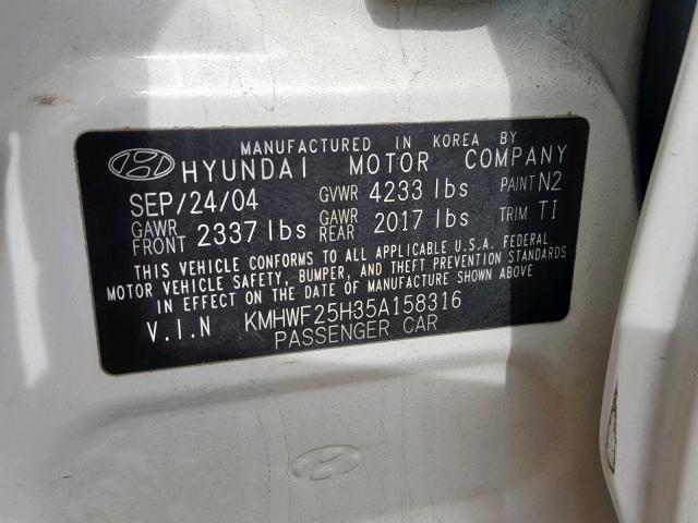 KMHWF25H35A158316 - 2005 HYUNDAI SONATA GL WHITE photo 10