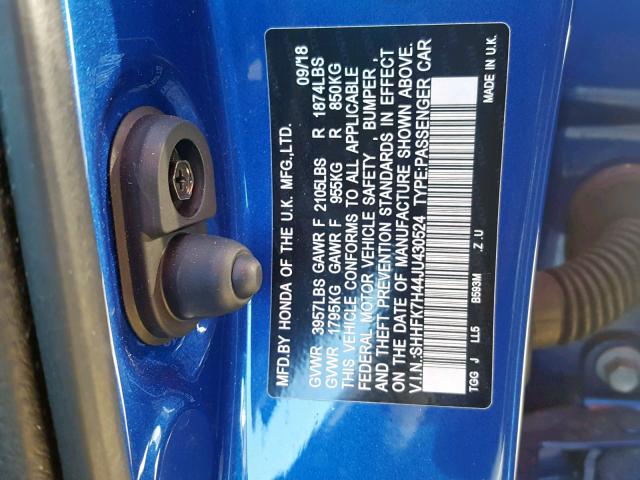 SHHFK7H44JU430524 - 2018 HONDA CIVIC SPOR BLUE photo 10