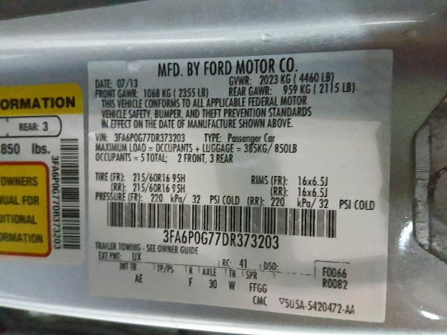 3FA6P0G77DR373203 - 2013 FORD FUSION S SILVER photo 10