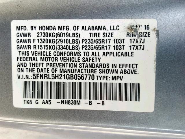 5FNRL5H21GB056770 - 2016 HONDA ODYSSEY LX SILVER photo 10