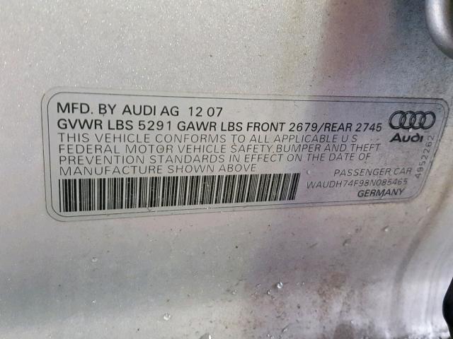 WAUDH74F98N085465 - 2008 AUDI A6 3.2 QUA SILVER photo 10