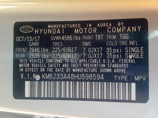 KM8J33A48HU598594 - 2017 HYUNDAI TUCSON LIM SILVER photo 10