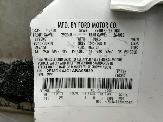 2FMDK4JC1ABA95529 - 2010 FORD EDGE SEL WHITE photo 10