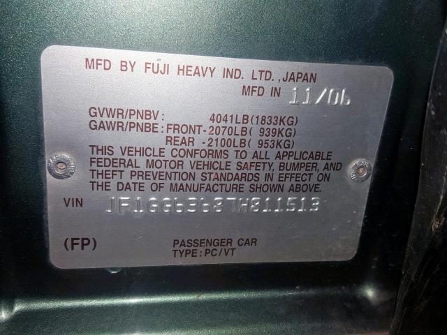 JF1GG63687H811513 - 2007 SUBARU IMPREZA OU GREEN photo 10