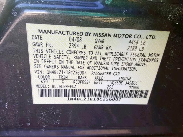 1N4BL21E18C256007 - 2008 NISSAN ALTIMA 3.5 GRAY photo 10