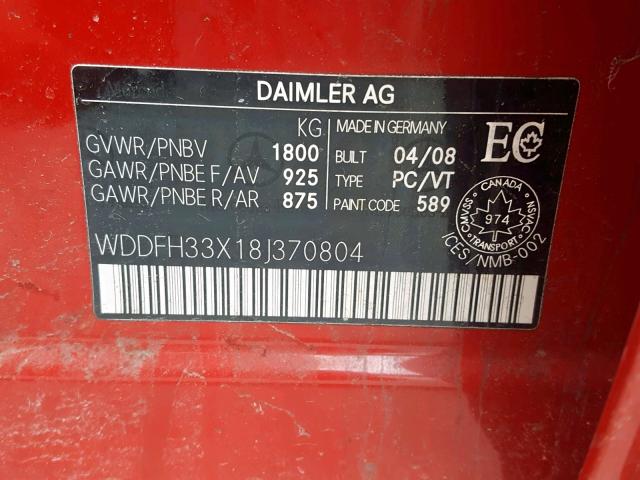 WDDFH33X18J370804 - 2008 MERCEDES-BENZ B200 RED photo 10