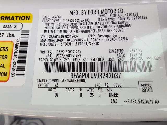 3FA6P0LU9JR242037 - 2018 FORD FUSION SE HYBRID  photo 10