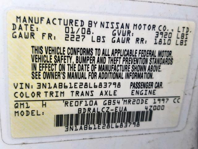 3N1AB61E28L683798 - 2008 NISSAN SENTRA 2.0 WHITE photo 10