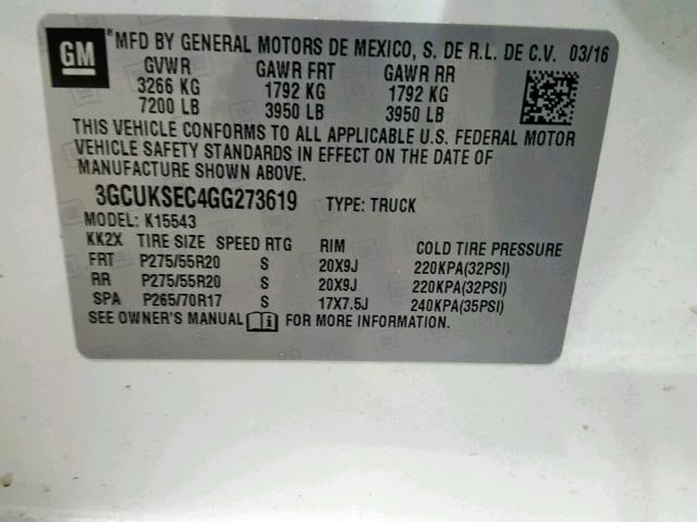 3GCUKSEC4GG273619 - 2016 CHEVROLET SILVERADO WHITE photo 10