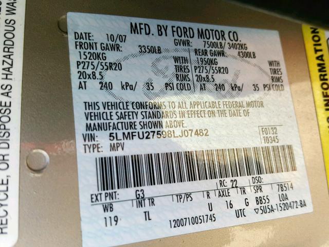 5LMFU27598LJ07482 - 2008 LINCOLN NAVIGATOR GOLD photo 10